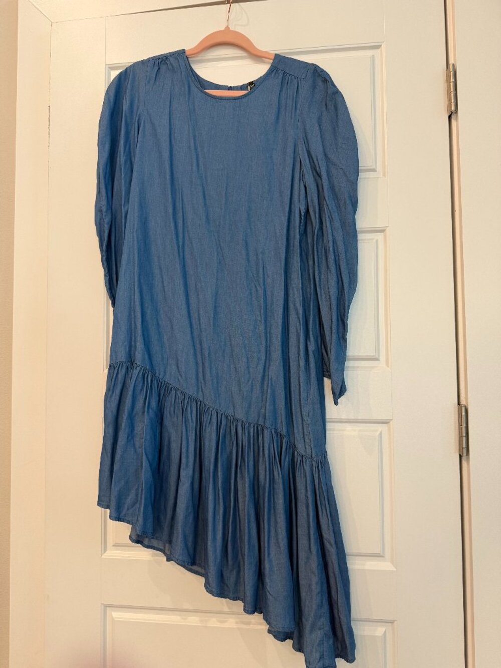 Zara Chambray Blue Asymmetrical Ruffle Hem Long Sleeve Midi Dress
